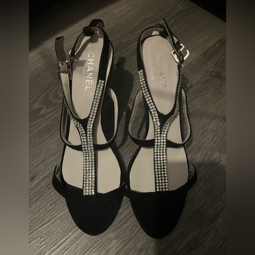 “CC” Style Heels with Crystal Accents